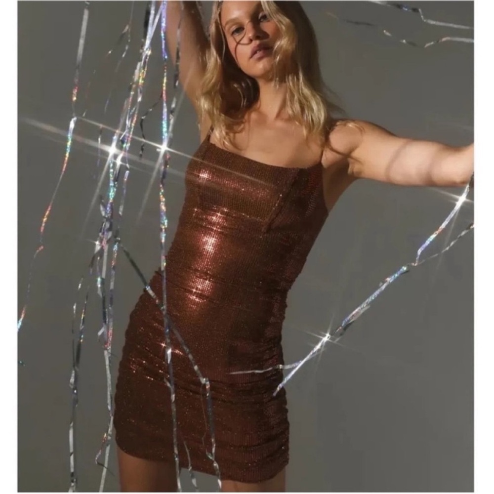 Urban Outfitters Lucky Sequin Copper Brown Ruched Sparkle Sleeveless Mini Dress.